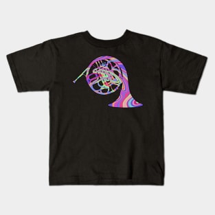 French Horn Silhouette: Rainbow Swirl Kids T-Shirt